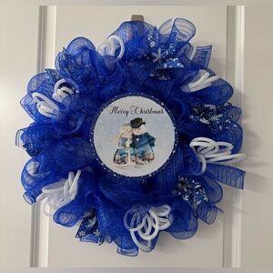 #W2406 - Winter Holiday Christmas Wreath Snowman & Snow Woman Couple Blue White